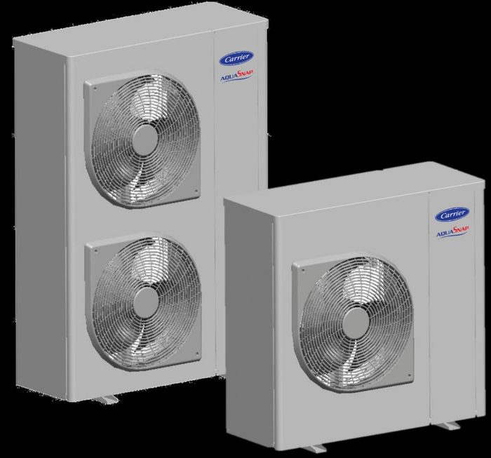 Bomba de calor monobloc Carrier AquaSnap con refrigerante natural R290 de alta eficiencia.Ofrece calefacción, refrigeración y agua hasta a 75 °C, ideal para sustituir calderas.